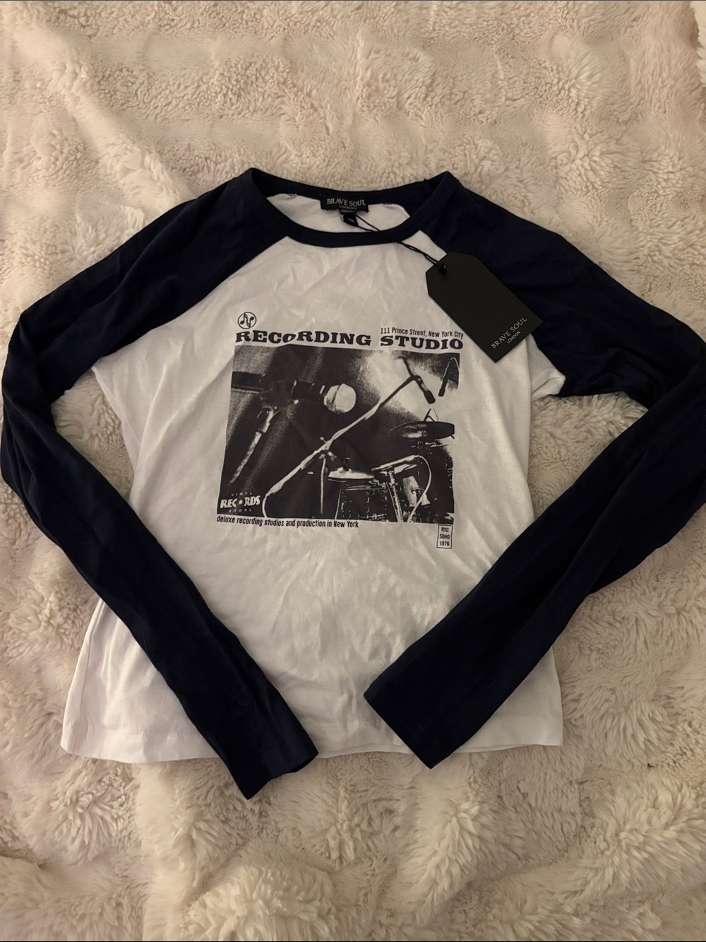 Brave Soul White and Black Long Sleeve Raglan Graphic Tee